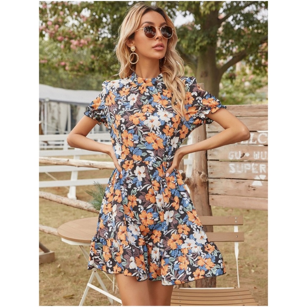 orange floral print ruffle spring mini dress